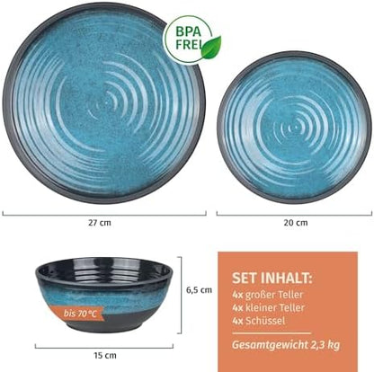 Moritz Camping Tableware Made of Melamine for 4 People, 12 Pieces, Dishwasher Safe, Picnic Crockery Set, Crockery Camping Tableware, Stone Blue Design