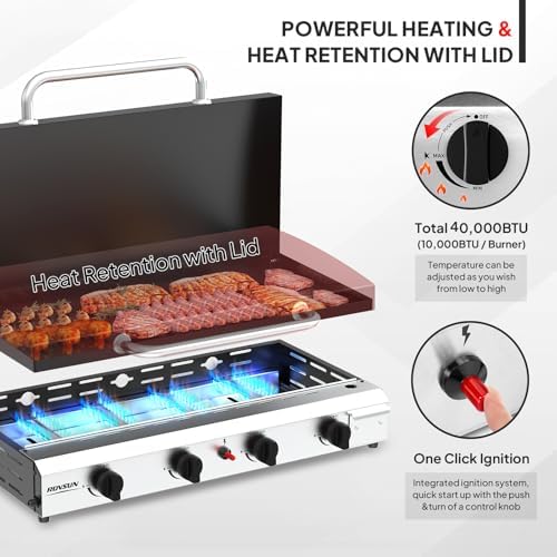 ROVSUN 4 Burner Portable Propane Griddle with Ignition, 40000 BTU Freestanding Flat Top Gas Grill with Enameled Tray, Lid, Side Shelves & Regulator for Outdoor Cooking Camping BBQ