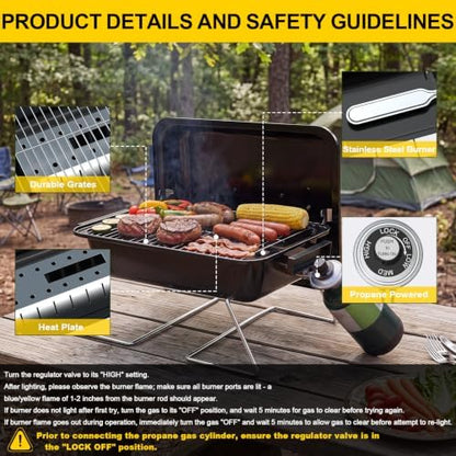 BESTFIRE Portable Propane Gas Grill - 2-in-1 Valve for 20lb Tank & 1lb Cylinder, 165 sq.in Cooking Area, Foldable Legs, Adjustable Regulator, Outdoor Camping BBQ Grill for Patio Backyard RV