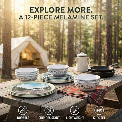 Melamine Dinnerware Set, 12-Piece Camping Dishes, Service for 4