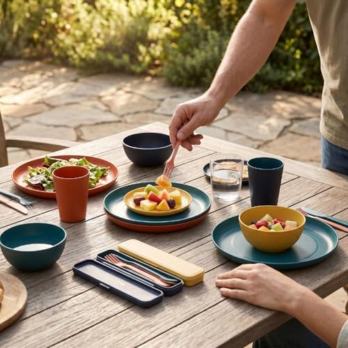 Karlak Dinnerware Sets Lightweight Unbreakable Plates and Bowls for 4 People Camping Travel Home Party PP Material