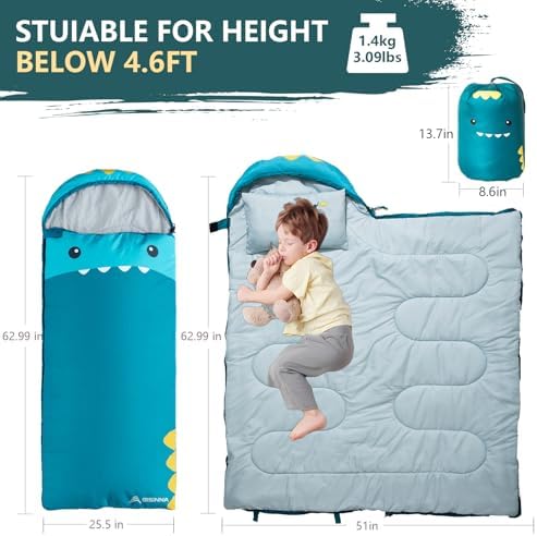 BISINNA Kids Sleeping Bag with Pillow for Boys Girls