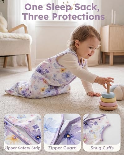 Baby Sleep Sack 18-24 Months 0.5 TOG, 100% Cotton Baby Wearable Blanket 2 Pack with 2-Way Zipper, Lightweight Sleep Bag for Boys ＆ Girls Toddler Breathable Sleeing Sack Purple Flower