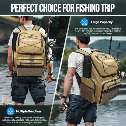 PLUSINNO Cooler Fishing Backpack with Rod Holders 45L Large Water-resistant Fishing Tackle bag Store Fishing Gear Fishing Gifts for Men Father
