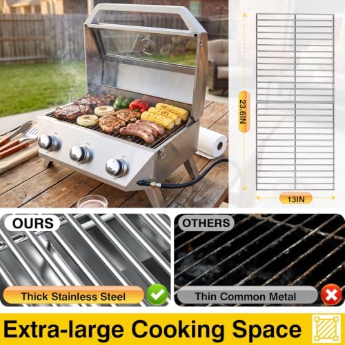Bestfire 3-Burner Tabletop Propane Gas Grill, 30,000 BTU Portable Propane BBQ Grill with Viewing Glass Lid & Thermometer, Stainless Steel Outdoor Cooking Grill for Camping, RV, Patio and Tailgating