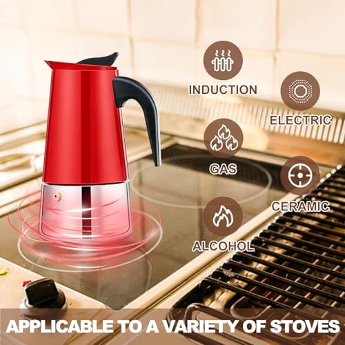 4 Cup Stovetop Espresso Maker Stainless Steel Moka Pot Stove Top Percolator Italian Coffee Makers Capable Mocha Greca Machine Cafe Classic Induction Cookers for Home and Camping 200ml 6.6oz