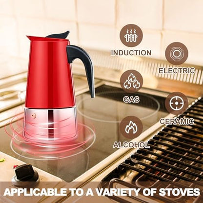 4 Cup Stovetop Espresso Maker Stainless Steel Moka Pot Stove Top Percolator Italian Coffee Makers Capable Mocha Greca Machine Cafe Classic Induction Cookers for Home and Camping 200ml 6.6oz
