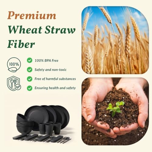 Homienly Plates and Bowls Sets 28 Pcs Black Wheat Straw Dinnerware Sets