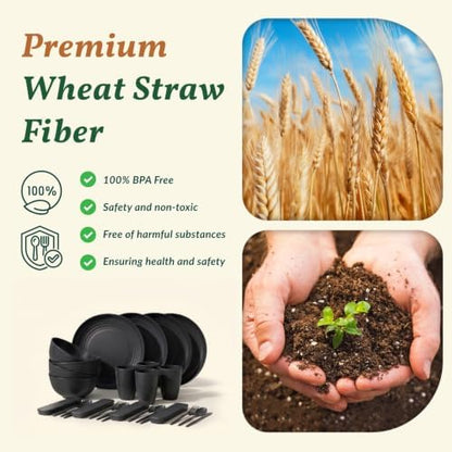Homienly Plates and Bowls Sets 28 Pcs Black Wheat Straw Dinnerware Sets