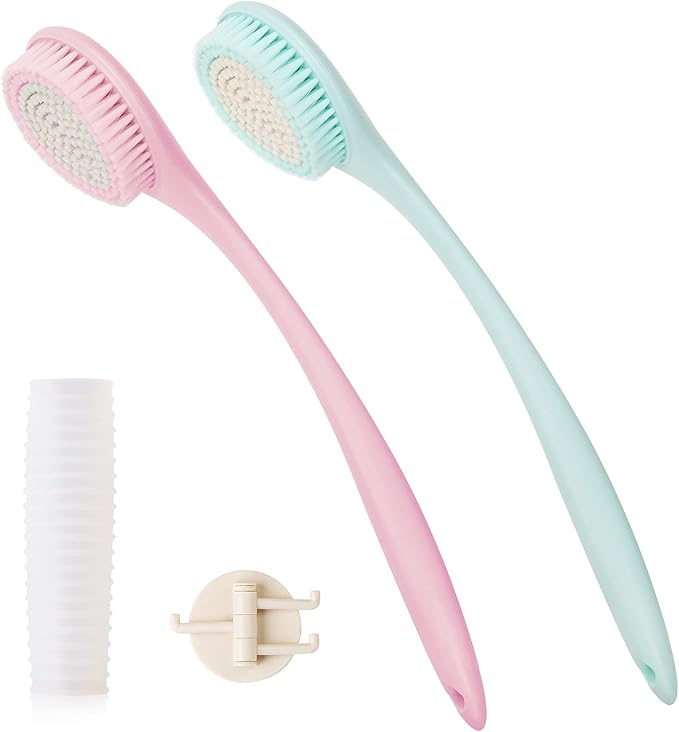 BEDELITE Back Bath Brush Long Handle for Shower of 2 - Soft Shower Brush for Men & Women,Back Brush Scrubber - 16.4" Long Skin Exfoliator for Body Bath Scrubber（2 Pack, Blue & Pink）