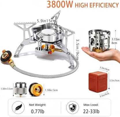 3800W Camping Backpacking Stove with Piezo Ignition, Fuel Canister Adapters