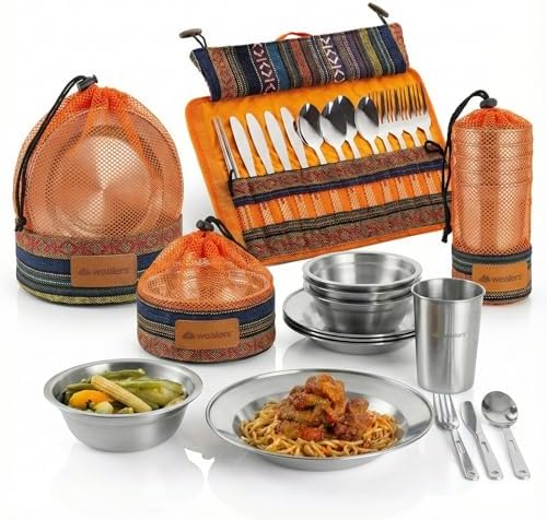 Wealers Unique Complete Messware Kit Polished Stainless Steel Dishes Set| Tableware| Dinnerware| Camping| Buffet| Includes - Cups | Plates| Bowls| Cutlery| Comes in Mesh Bags (4 Person Set)