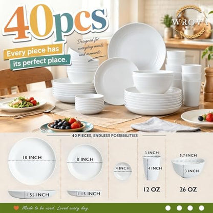 Wrova Modern Plates and Bowls Sets for 8,White Dinnerware Sets 40PCS Dishes