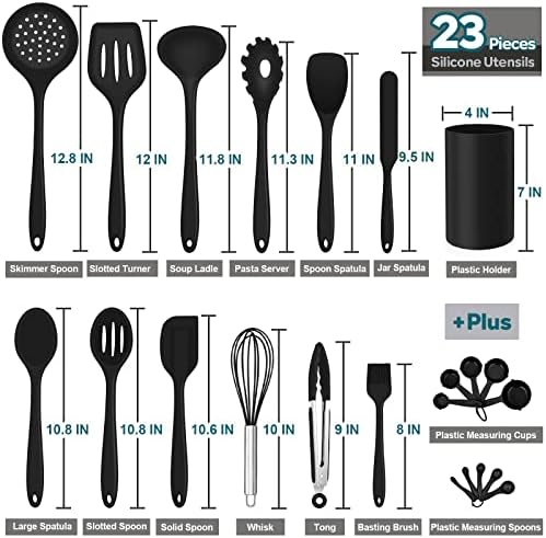 Silicone Kitchen Utensils Set, E-far 23 Pcs Black Cooking Utensils Tools with Holder for Nonstick Cookware, Include Spatula/Spoon/Ladle/Tongs/Turner, Heat Resistant & Nontoxic, Dishwasher Safe