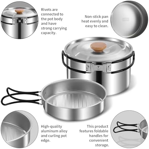 11Pcs Camping Cookware Set，Portable Camping Essentials with Accessories，Stainless Steel Lightweight Nonstick Pots、Pans、Bowls and Utensils for Backpacking RV Tailgating Cooking and Outdoor Cooking