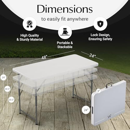 2 PACK of 4 Feet Foldable Table with Built in Handle & Steel Legs | 4 Foot Heavy Duty Portable | Perfect for Party, Dining, Wedding, Events, Picnic Indoor, Outdoor, Camping, Temporary
