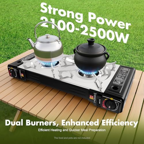 2 Burners Camping Stove, 2500W Butane or Gas Portable Camping Burner with Baking Pan & Carrying Case for Outdoor Cooking