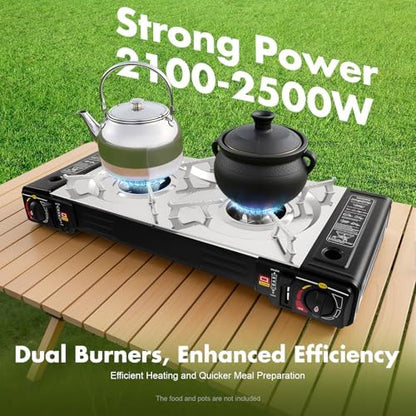 2 Burners Camping Stove, 2500W Butane or Gas Portable Camping Burner with Baking Pan & Carrying Case for Outdoor Cooking