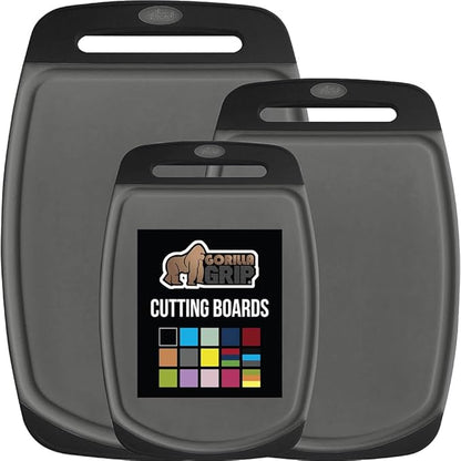 GORILLA GRIP BPA-Free Reversible Kitchen Cutting Board Set of 3, US Designed, Nonporous, Juice Grooves Catch Liquid, Slip Resistant Border, Dishwasher Safe, Durable Food Chopping Boards, Black Gray