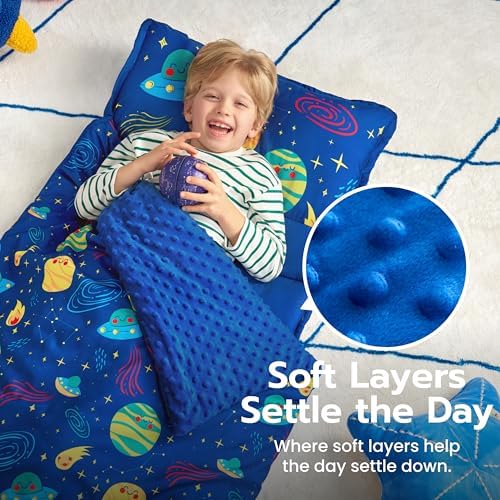 JOIEDOMI Toddler Nap Mat with Removable Pillow and Minky Blanket 55''x30'' Kids Sleeping Bag for Boys and Girls Ages 3-6 Roll Up Soft Nap Mats for Preschool Kindergarten Daycare Sleepover