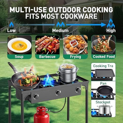 3 Burner Propane Camping Stove|225,000 BTU High-Pressure Gas Stove with Regulator|Portable for Backyard, Patio BBQ, Outdoor Cooking|parrillas de gas para cocinar afuera