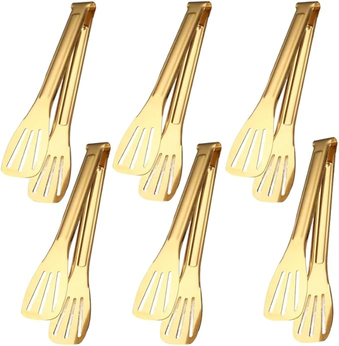 6 Pack Serving Tongs Kitchen Tong, 7 Inch Gold Buffet Tongs, Stainless Steel Food Tong Small Tong, Serving Tong for Buffet, Party, Salad, Appetizers