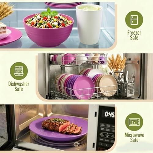 Wheat Straw Dinnerware Sets 40 PCS Bowl and Plate Sets With Cup Dishes Set for 8 Unbreakable Dish Sets Microwave Safe Plates Dinner Bowls Drinking Glasses With 4 Color - Flower Color