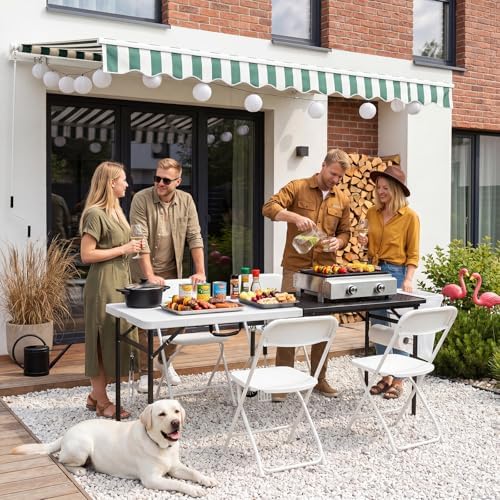 Folding Table, 5ft Folding Grill Table, Portable Camping Prep Table for Cooking & BBQ, 2-in-1 Metal&Solid Surface Foldable Grill Station for Camping, Backyard, Patio Cooking Use,(Black and White)