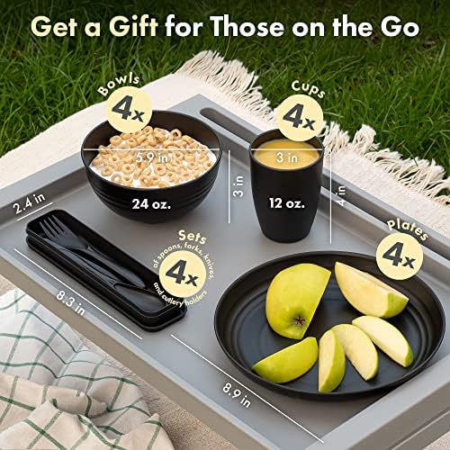 FOODLE Wheat Straw Dinnerware Set - RV, Camping, Picnic Plates Cups & Bowls