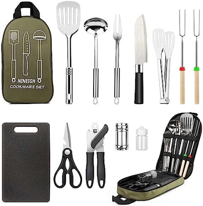 Camping Cooking Utensils Set, Stainless Steel Grill Tools, Camping BBQ Cookware Gear and Equipment for Travel Tenting RV Van Picnic Portable Kitchen Essentials Accessories