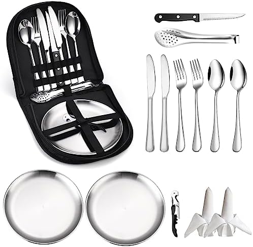 Camping Silverware Kit Cutlery Organizer Utensil Picnic Set Stainless Steel Plate Spoon Clip and Serrated Knife Wine Opener Fork Napkin Hiking - Camp Kitchen BBQ’s