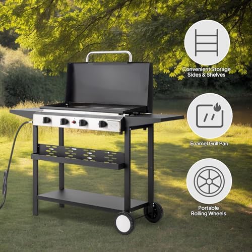 ROVSUN 4 Burner Portable Propane Griddle with Ignition, 40000 BTU Freestanding Flat Top Gas Grill with Enameled Tray, Lid, Side Shelves & Regulator for Outdoor Cooking Camping BBQ