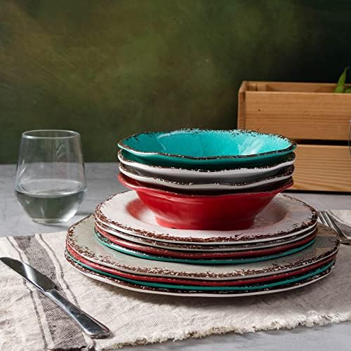 LEHAHA Rustic Melamine Dinnerware Set, 12 Piece Plate and Bowls Set for 4