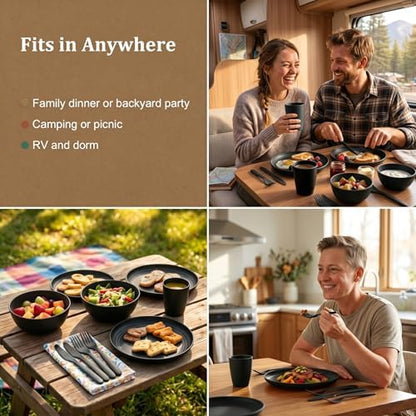 Plates and Bowls Sets for 4, Unbreakable Kid Dinnerware Sets- Black
