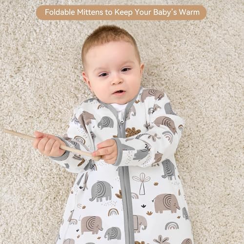 Baby Sleep Sack 12-18 Months, Long Sleeve Baby Wearable Blanket 0.5 Tog with Mittens, 2-Way Zipper Toddler Cotton Sleeping Sack for Boy and Girl Grey Elephant 2 Pack(Large)