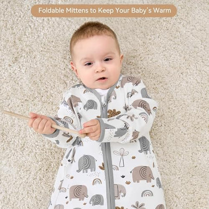 Baby Sleep Sack 12-18 Months, Long Sleeve Baby Wearable Blanket 0.5 Tog with Mittens, 2-Way Zipper Toddler Cotton Sleeping Sack for Boy and Girl Grey Elephant 2 Pack(Large)