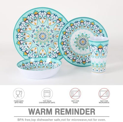 Melamine Dinnerware Set for 4-16 Pcs:Camping Dishes Set with Dinner Plates,Salad Plates,Bowls and Cups.Lightweight and Unbreakable.Indoor and Outdoor Use.