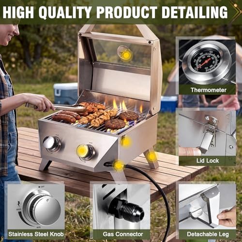 Bestfire 2-Burner Tabletop Gas Grill with Viewing Glass Lid, 20,000 BTU Stainless Steel Portable Propane BBQ Grill, Built-in Thermometer & Push-Button Ignition, for Outdoor Camping, RV, Tailgating