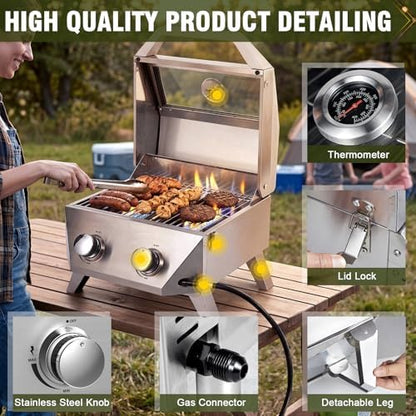 Bestfire 2-Burner Tabletop Gas Grill with Viewing Glass Lid, 20,000 BTU Stainless Steel Portable Propane BBQ Grill, Built-in Thermometer & Push-Button Ignition, for Outdoor Camping, RV, Tailgating