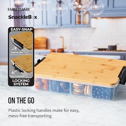 Farberware Build Snacklebox Serving Tray with Locking Bamboo Cutting Board Lid, Portable Storage Container with Compartments for Charcuterie, and More, Natural (Pack of 4)