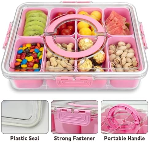 Divided Serving Tray with Lid and Handle,8 Compartments Snacks Box,Snack Fruit Tray,Veggie Tray,Portable Platter for Candy Fruits Nuts Snack Party Entertaining Picnic (2PCS Pink)