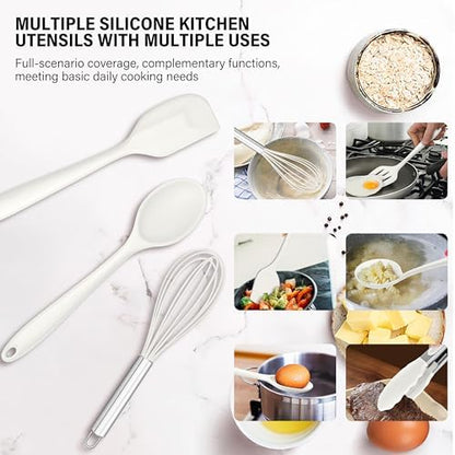 HaWare 11 PCS Silicone Cooking Utensils Set, Heat Resistant Kitchen Utensils with Holder, Food-grade Spatula Sets for Nonstick Cookware, Kitchen Tools Gadgets Include Fish Turner, Spoon (White)