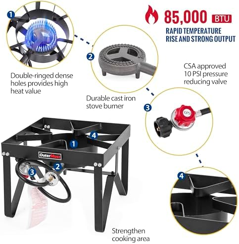OuterMust Outdoor Propane Burner Heavy Duty Propane Gas Stoves for Cooking with 10 PSI Regulator and Cast Iron Braided Holes Perfect for Home Brewing, Crawfish Boiler, Turkey Fryer and Seafood Boiler