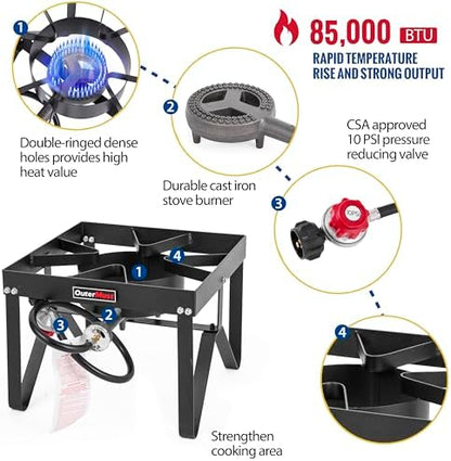 OuterMust Outdoor Propane Burner Heavy Duty Propane Gas Stoves for Cooking with 10 PSI Regulator and Cast Iron Braided Holes Perfect for Home Brewing, Crawfish Boiler, Turkey Fryer and Seafood Boiler