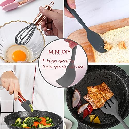 Collfa Rose Gold And Grey Mini Kitchen Utensil Small Five-Piece Set Tiny Silicone Kids Kitchen Tools Whisk Spatula Tongs Spoon And Slotted Spatula For Cooking(Kids Baking Supplies) Grey
