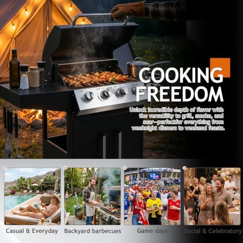 ROVSUN 4-Burner Propane Gas BBQ Grill with Side Burner & Enameled Cast Iron Grates, 58,000 BTU Barbecue Grill with Wheels for Outdoor Patio Backyard Cooking Grilling, Black