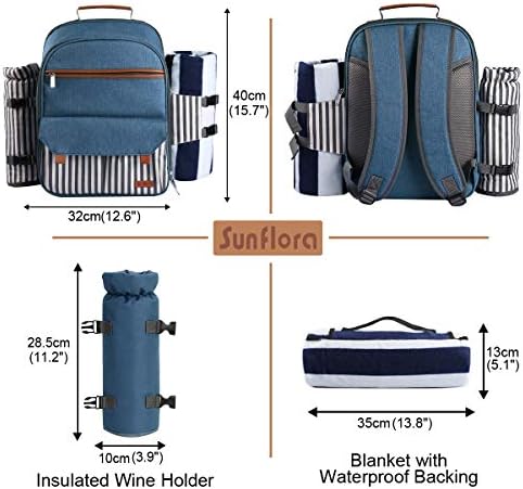 Sunflora Picnic Backpack for 4 Person Set Pack with Insulated Waterproof Pouch for Family Outdoor Camping(Blue & Stripe)