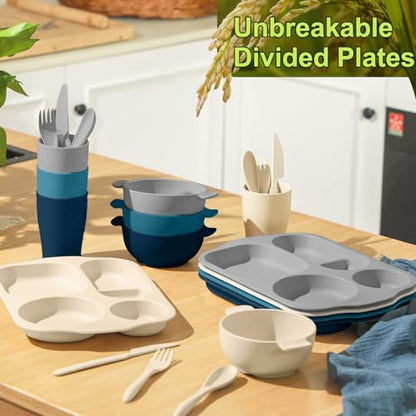 Honoson 24pcs Wheat Straw Dinnerware, Unbreakable, Dark Color