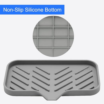 Sponge Holder for Kitchen Sink, Silicone Sponge Dish Tray with Drain Spout, Soap Dispenser Holder for Shower Bathroom (Grey, 9.8" x 4.9")