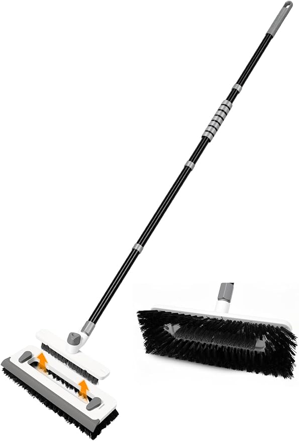 3 in 1 Floor Scrub Brush with Long Handle 55" Push Broom Stiff Bristle Scrubber Brush Squeegee Scrape & Detachable V-Grout Brush for Bathroom Kitchen Tile Deck Patio Garage Concrete Wall Cleaning Tool